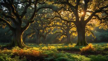 Oak Tree in Forest with Sunlight, Scenic Landscape photo