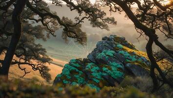 Landscape with Rocks, Trees and Spiderweb in Sunlight photo
