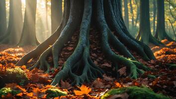 Tree Roots in Autumn Forest Landscape with Fallen Leaves photo