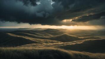 Rolling Hills Under Dramatic Storm Clouds at Sunset photo