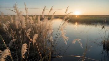 Grass Reflection in Water During Warm Sunrise photo