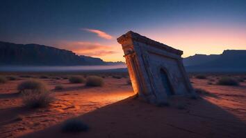 Desert Ruin Under Starry Sky and Sunrise Light photo