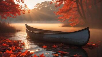 Canoe on Lake with Autumn Leaves and Sunrise photo