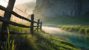 River Fence Landscape with Mist and Grass photo
