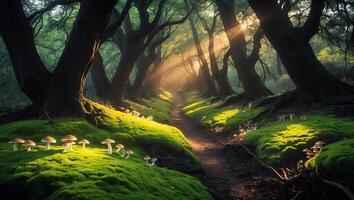 Mushroom Path Through Misty Forest with Sunlight photo