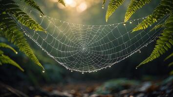 A spider web is surrounded by dew drops in the forest photo