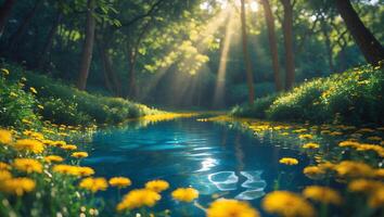 Forest River with Sunlight and Yellow Flower photo