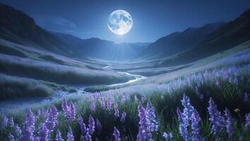 Lavender Field with Moon and Mountain Scenery photo