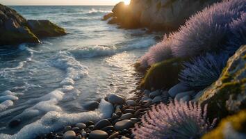 Coastal Scene with Rocks and Lavender Flowers at Sunset photo