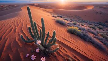 Cactus Flower in Desert Sand Dunes Under Sunset Light photo
