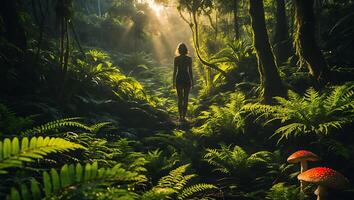 Woman Walking Through Sunlight Forest with Green Ferns photo