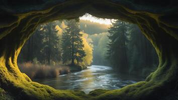 River View From Mossy Cave in Forest Landscape photo