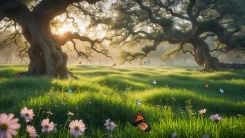 Tree in Meadow with Butterfly and Flower photo