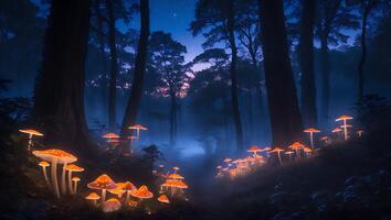 Glowing Mushrooms in Misty Forest at Night photo