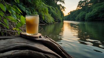 Refreshing Drink at River Sunset photo