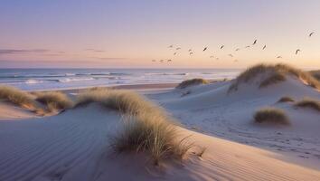 Coastal Sand Dune Landscape with Birds at Sunset photo