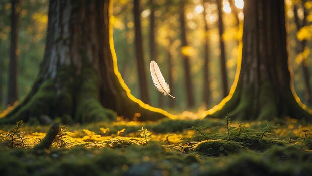 Feather Floating in Forest Sunlight photo
