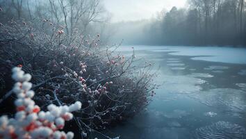 Frozen River Surrounded by Snowy Bushes and Trees photo