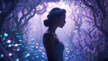 Woman in Ethereal Forest with Swimming Fish photo