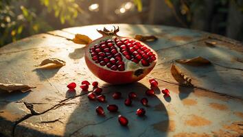 Pomegranate Fruit with Seeds on Table in Sunlight photo