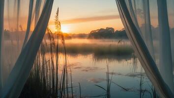 Lake Sunrise View with Reed and Curtain photo