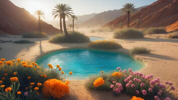 Oasis with Palm Trees and Flowers in Desert Landscape photo