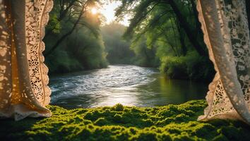 River Flows Through Forest View with Lace Curtain photo
