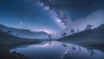 Milky Way Over Lake and Mountain Landscape photo