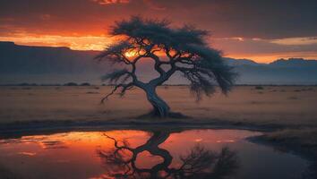 Tree Reflecting in Water at Sunset Landscape photo