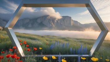 Mountain View Through Metal Frame with Wildflowers in Meadow photo