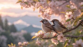 Two Sparrows on Branch with Cherry Blossom Flowers in Spring photo