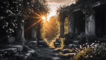 Ruins Garden Sunlight, Stone Columns, Wild Plants photo