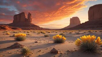 Desert Landscape with Sandstone Buttes and Yellow Flower photo