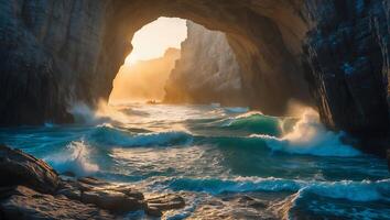 Ocean Wave Breaking in Cave at Sunset photo