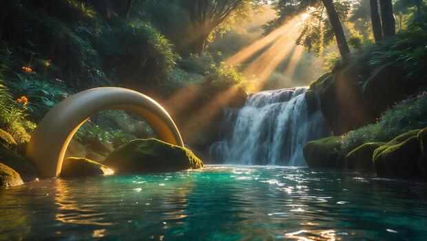 cascada en bosque con Dom rayos y agua arco foto