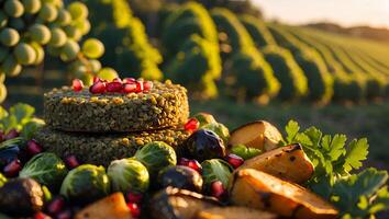 Vegan Cheese with Vegetable and Pomegranate on Vineyard photo