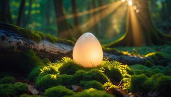 Glowing Egg in Mossy Forest with Sun Rays photo