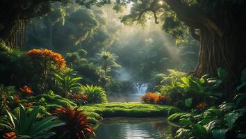 Lush Jungle with Waterfall and Plants photo