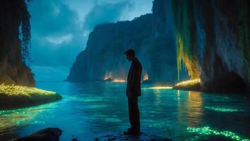 Man Standing by Blue Water Lagoon with Cave and Cliff Views photo