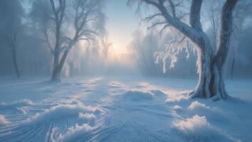 Winter Landscape with Snow Covered Trees and Sunlight photo