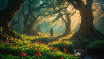 Person Walking in Enchanted Forest with Red Mushrooms photo