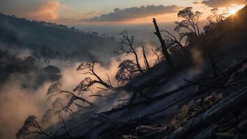 Hillside with Fog and Tree Silhouettes at Sunset photo