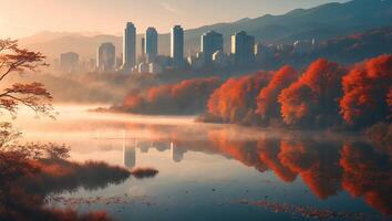 City Skyline View in Autumn Season Over Water Landscape photo