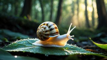 Snail on Leaf in Forest photo