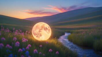 Full Moon Over Grassland and River Landscape at Sunset photo