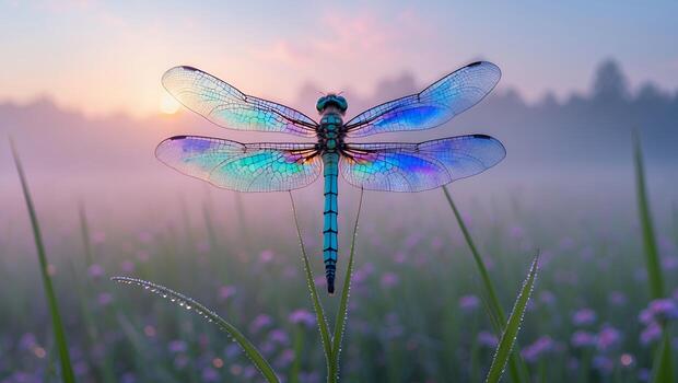 Dragonfly on Grass at Sunrise with Fog and Wildflowers photo