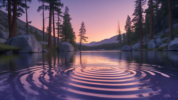 Lake Ripples at Sunset with Trees and Mountains photo
