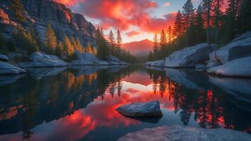 Lake Reflecting Sunset with Trees and Mountain photo