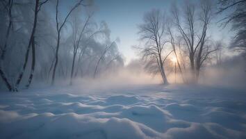 Winter Snow Covered Landscape with Fog and Trees photo