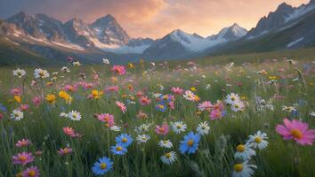 Daisy Field with Mountain Landscape at Sunset photo